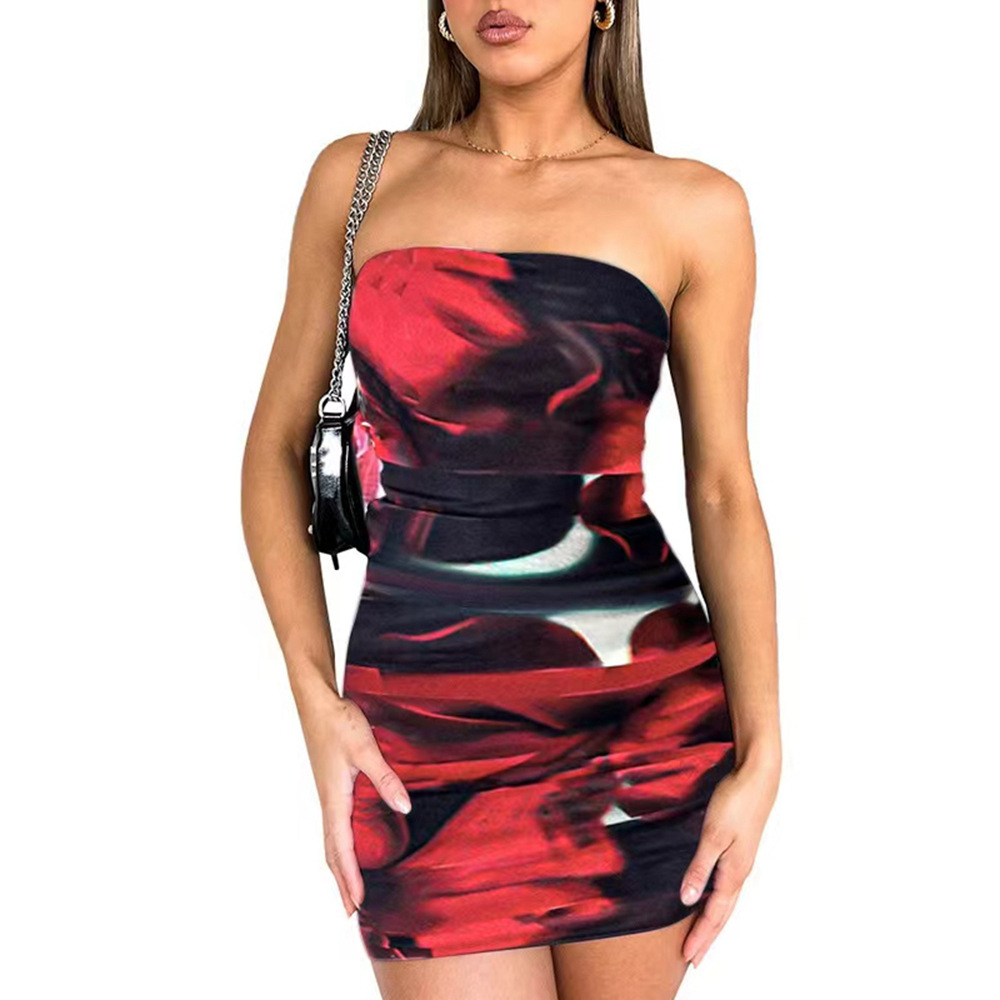 OM- 2024 Summer New Sexy Strapless Printed Bodycon Dress Fashionable Slimming Dress Women's Dress